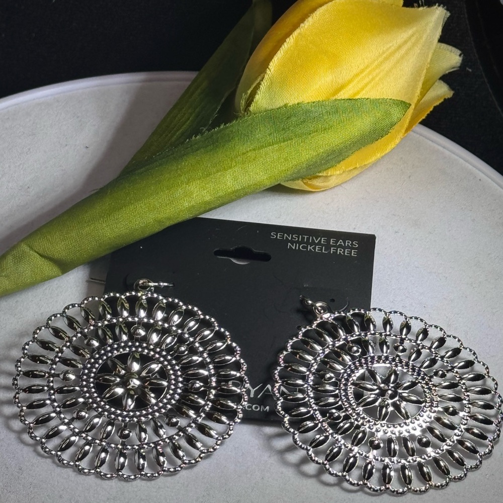 Lane Bryant Silver Tone Dangling Filigree Hoop Statement Earrings 2.5 inch